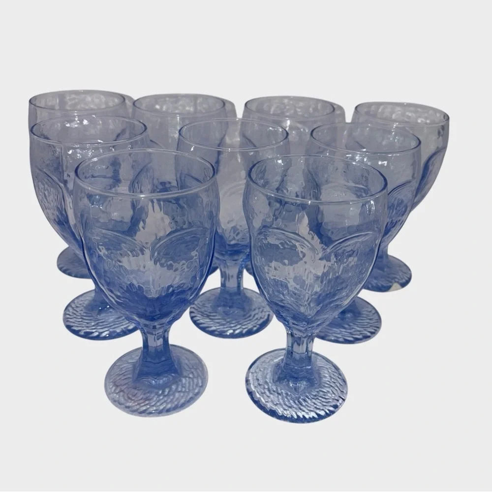 Set of 9 Blue Textured Glass Goblets | Vintage Style Stemmed Wine Water Glasses